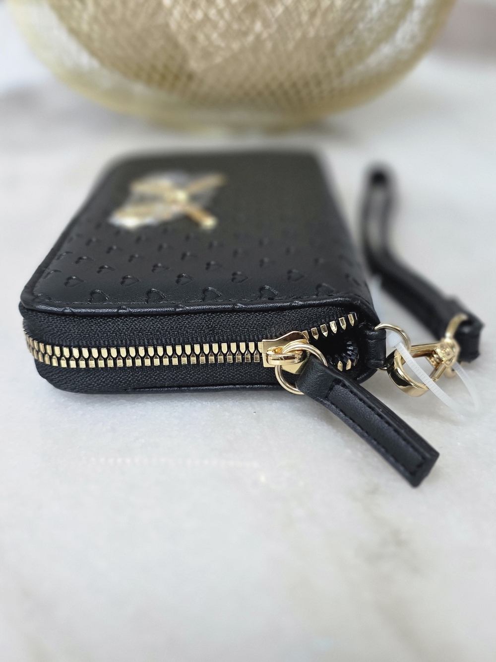 Betsey Johnson Black Heart-Embossed Zip Wristlet with Gold Bow - Picture 2 of 14